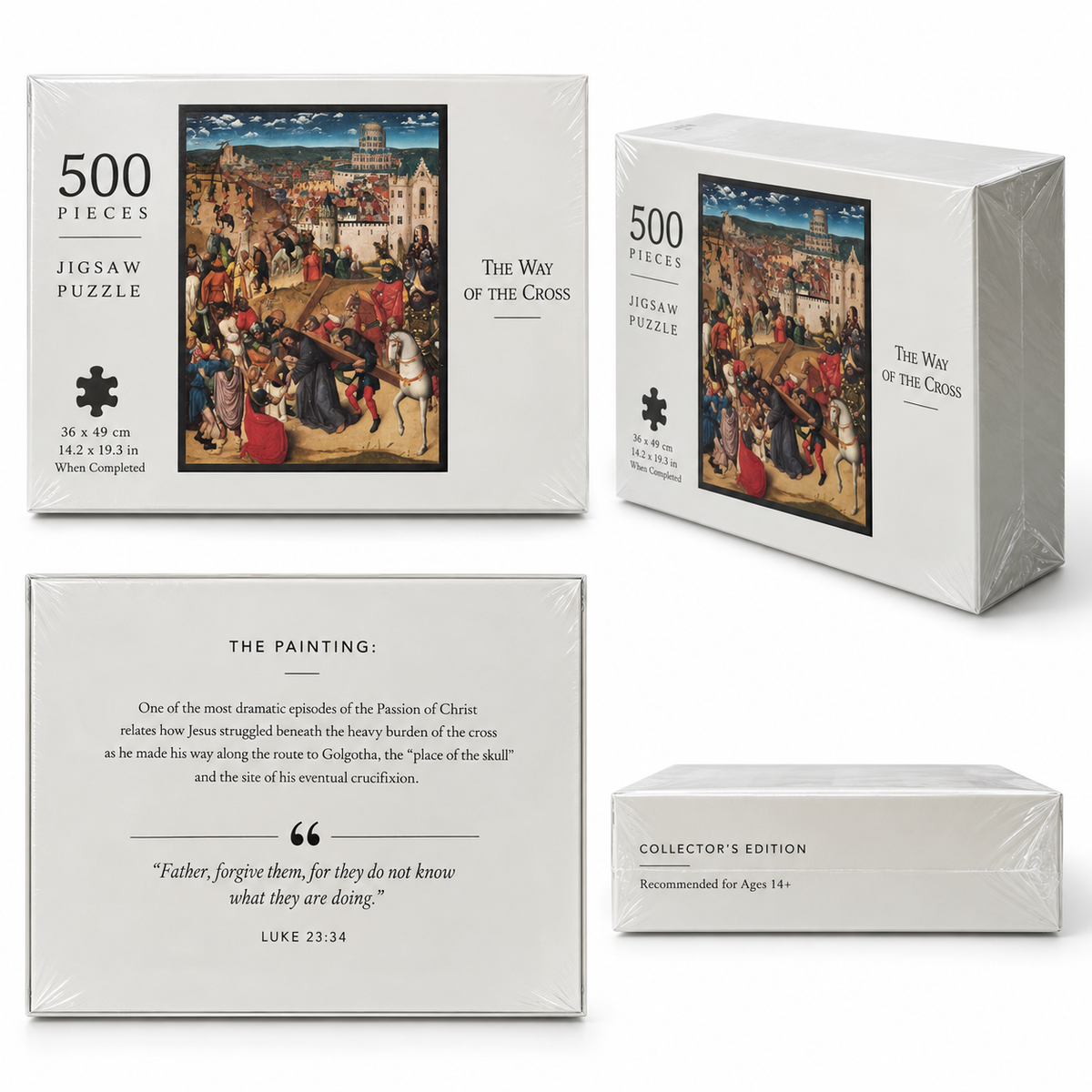 A 500-piece jigsaw puzzle box set shown from multiple angles on a white background. The set includes a main puzzle box with an illustration of 'The Way of the Cross,' a back view showing a quote from Luke 23:34, a smaller collector edition box, and a wrapped puzzle package.