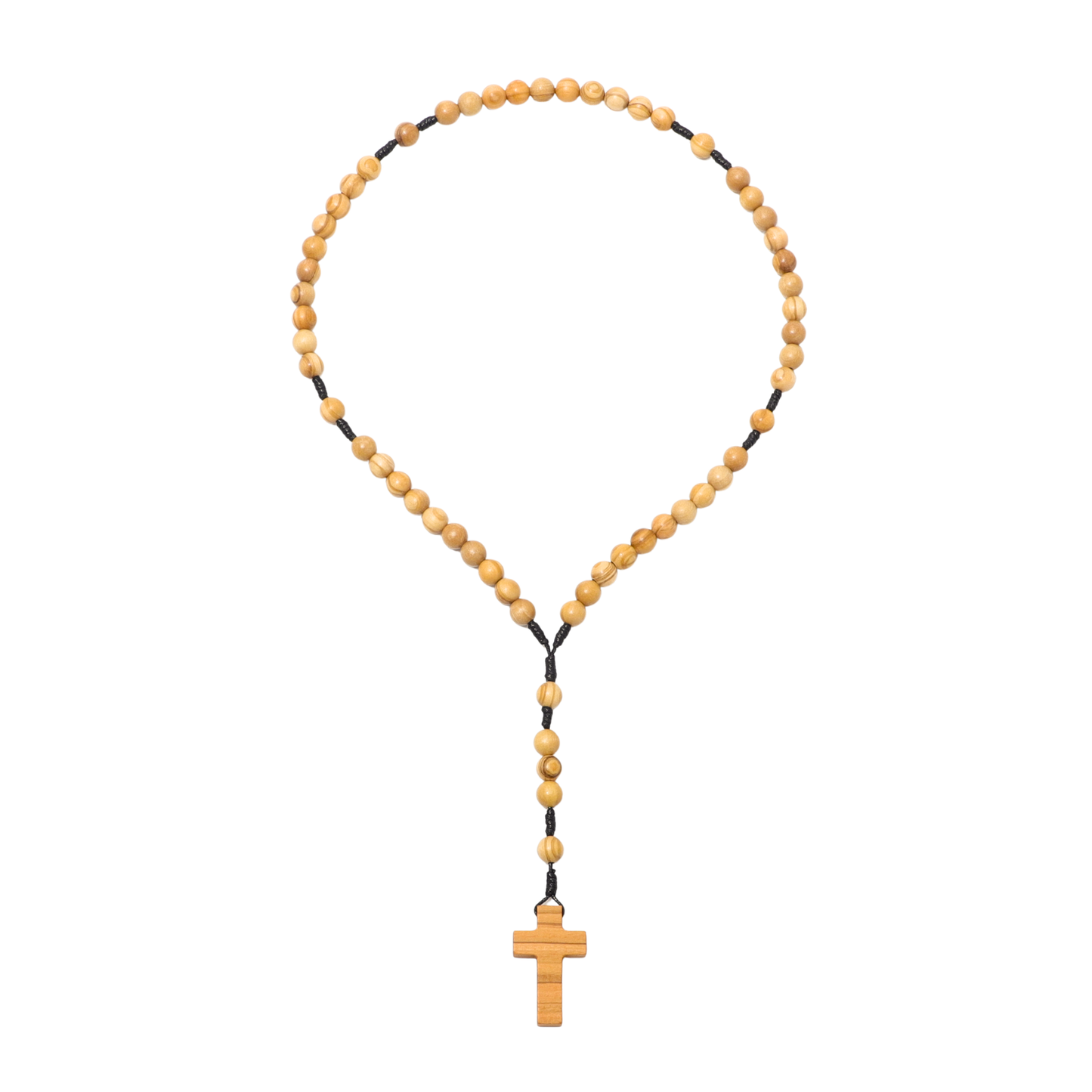 Olive wood rosary with a cross pendant on a white background