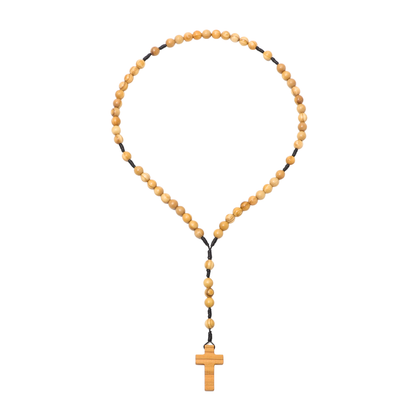 Olive wood rosary with a cross pendant on a white background
