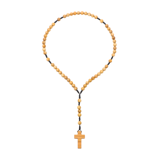 Olive wood rosary with a cross pendant on a white background