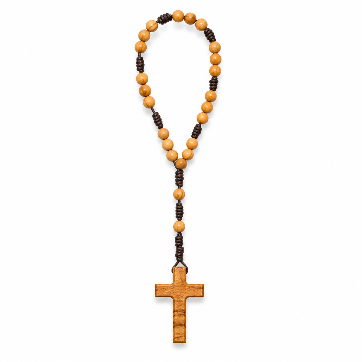 Olive wood rosary with cross pendant on a white background