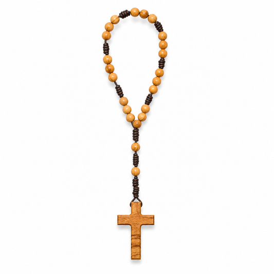 Olive wood rosary with cross pendant on a white background
