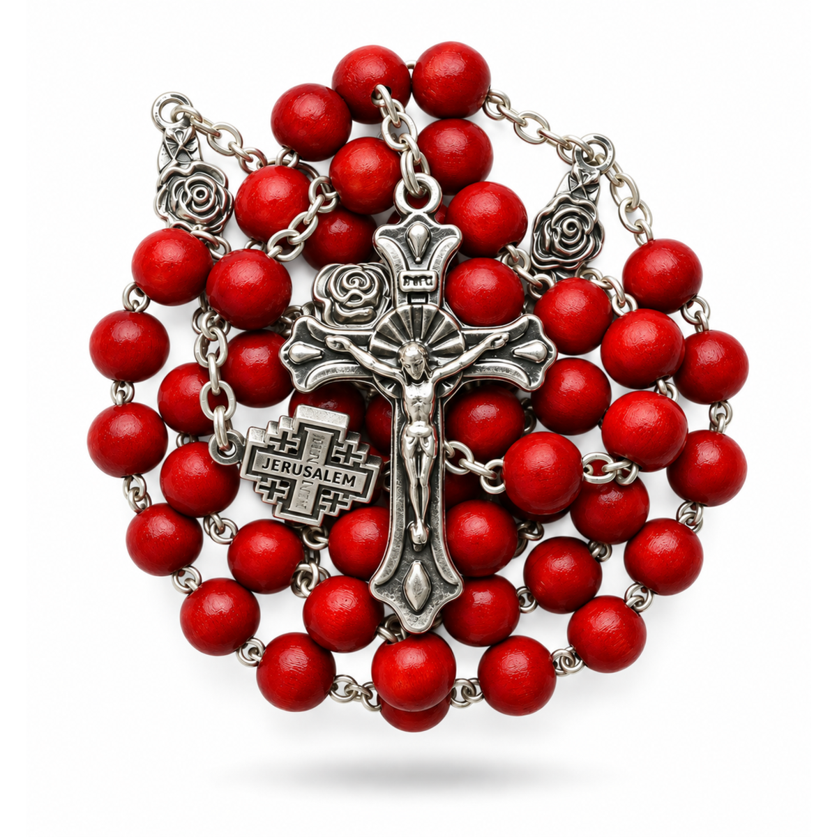 A red beaded rosary necklace with a silver-toned crucifix and a small medallion engraved 'JERUSALEM', shown on a clean white background.