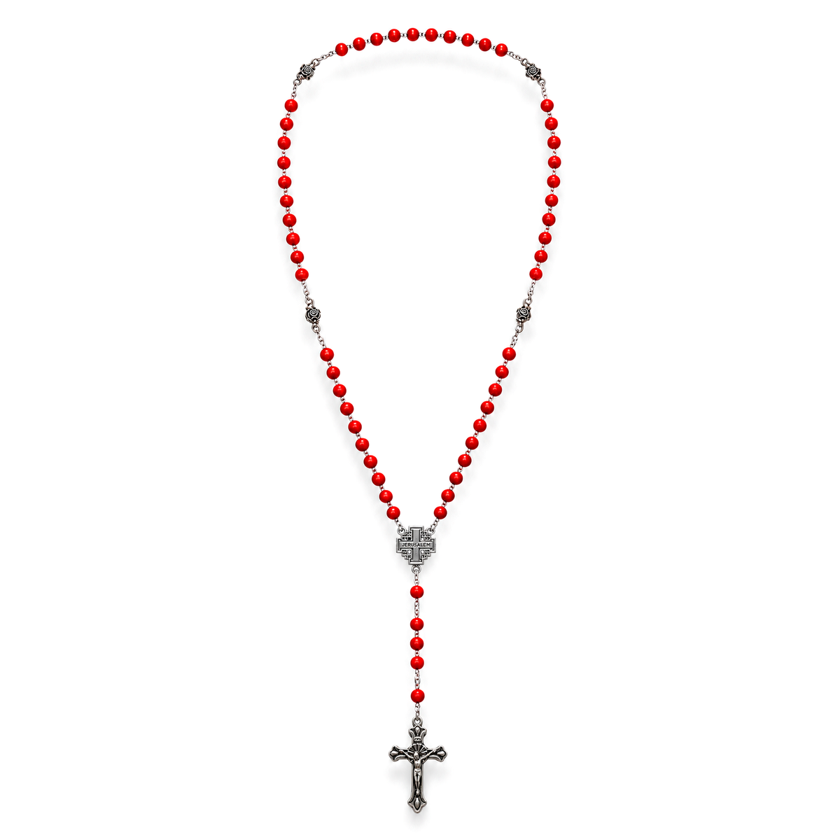 A red beaded rosary necklace with silver-toned metal accents, including a central heart-shaped medallion and a dangling crucifix, shown on a plain white background.