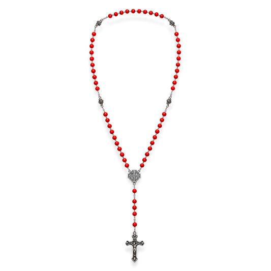 Full red bead rosary with rose connectors, Jerusalem Cross centerpiece and crucifix