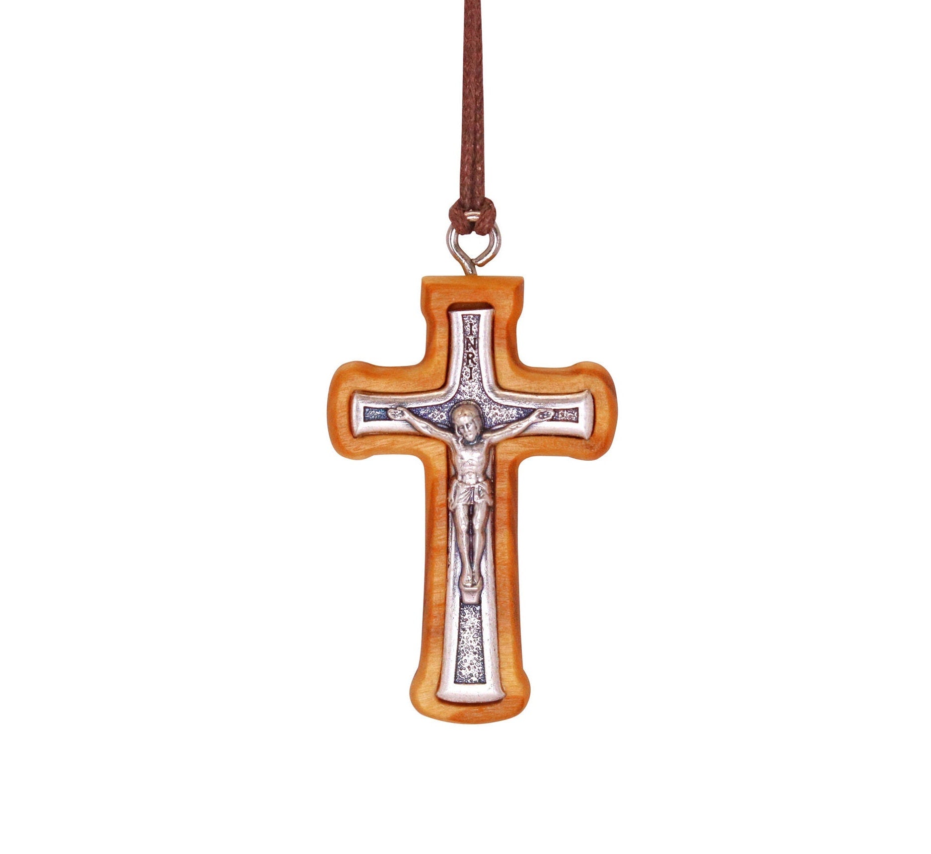 Radiant Corners Metal Crucifix in Olive Wood Frame Necklace Close Up
