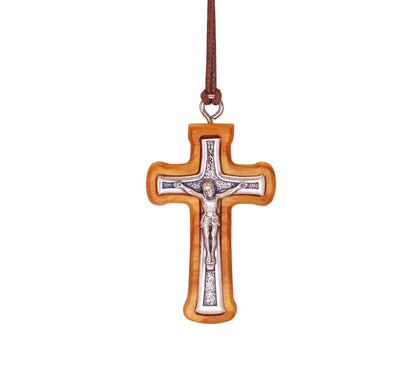 Radiant Corners Metal Crucifix in Olive Wood Frame Necklace Close Up