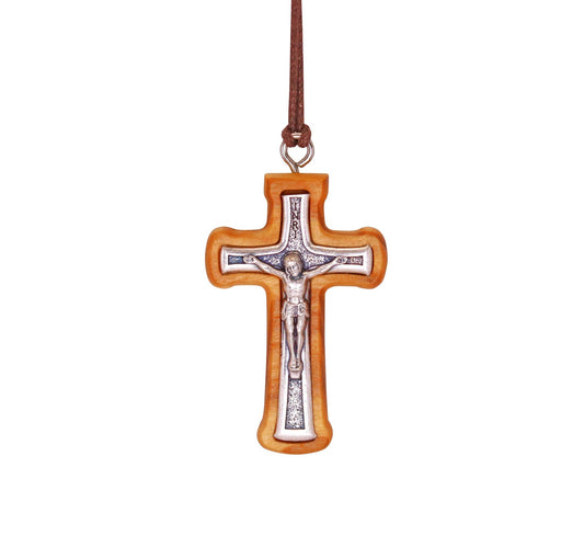 Radiant Corners Metal Crucifix in Olive Wood Frame Necklace Close Up