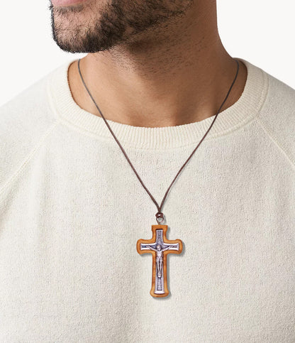 Radiant Corners Metal Crucifix in Olive Wood Frame Necklace On Man