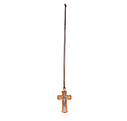 Radiant Corners Metal Crucifix in Olive Wood Frame Necklace With Cord