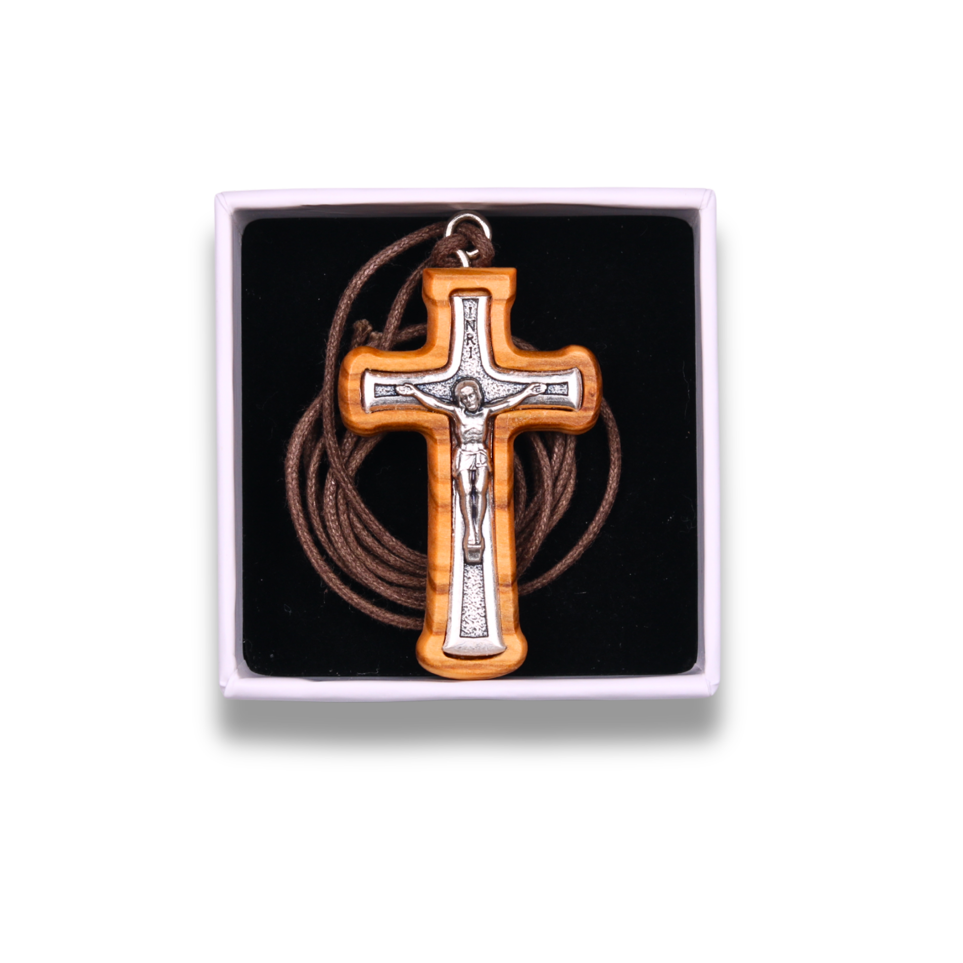 Handcrafted Radiant Olive Wood Crucifix Necklace In Gift Box