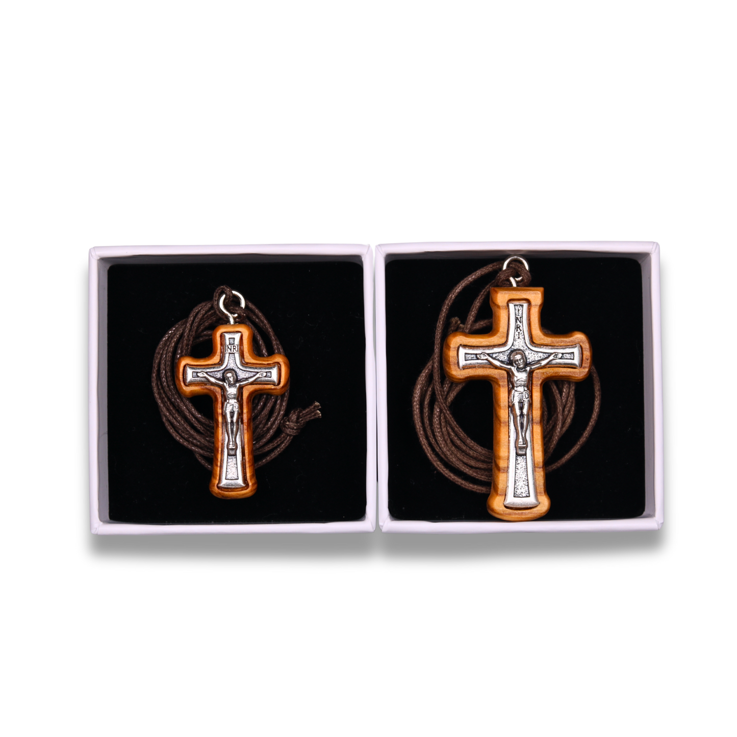 Two Handcrafted Radiant Olive Wood Crucifix Necklaces in gift boxes
