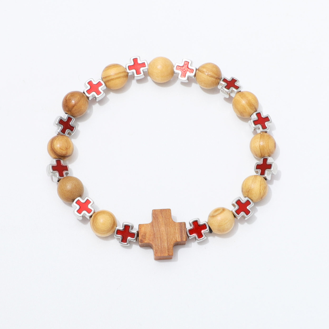 A beaded bracelet featuring natural wood beads, red cross-shaped beads with white borders, and a larger wooden cross centerpiece, displayed on a clean white background.