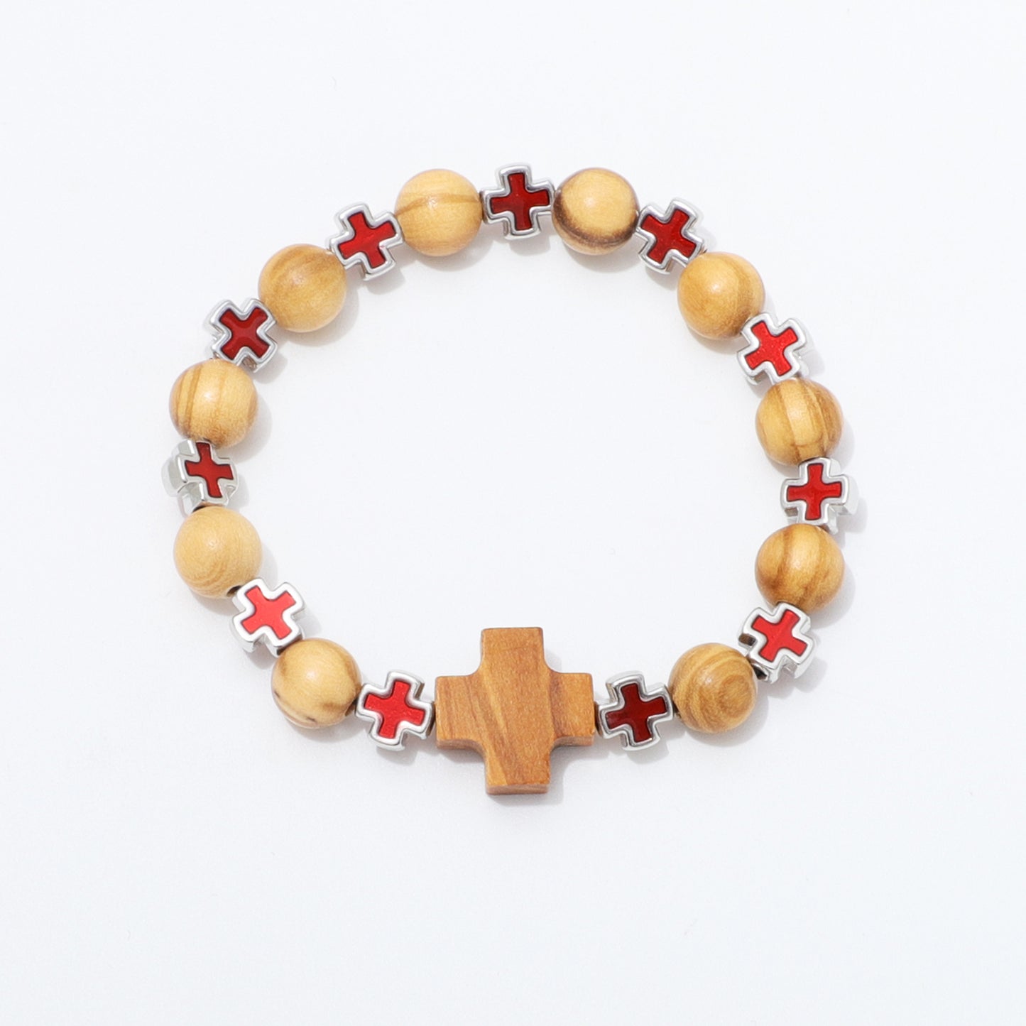 A beaded bracelet featuring light natural wood beads, red enamel cross charms with silver borders, and a central wooden cross, displayed on a clean white background.