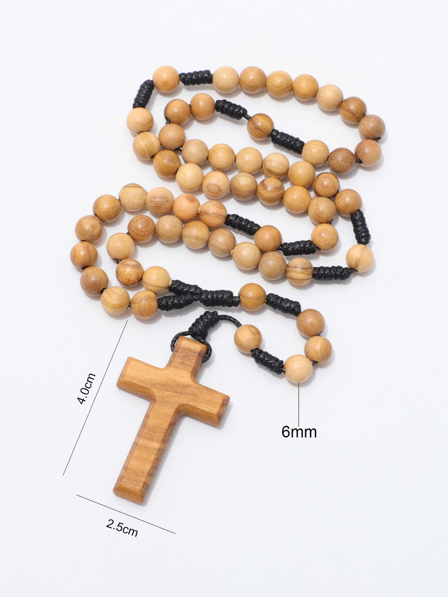Wooden rosary on a white background with dimensions
