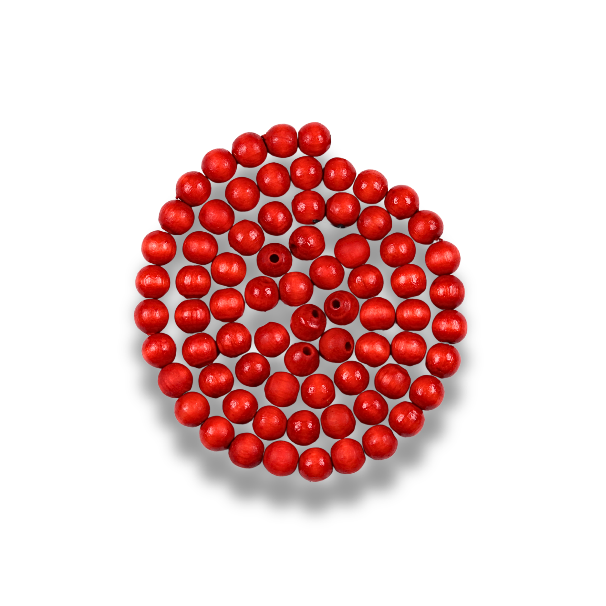 Red beads arranged in a circular pattern on a white background