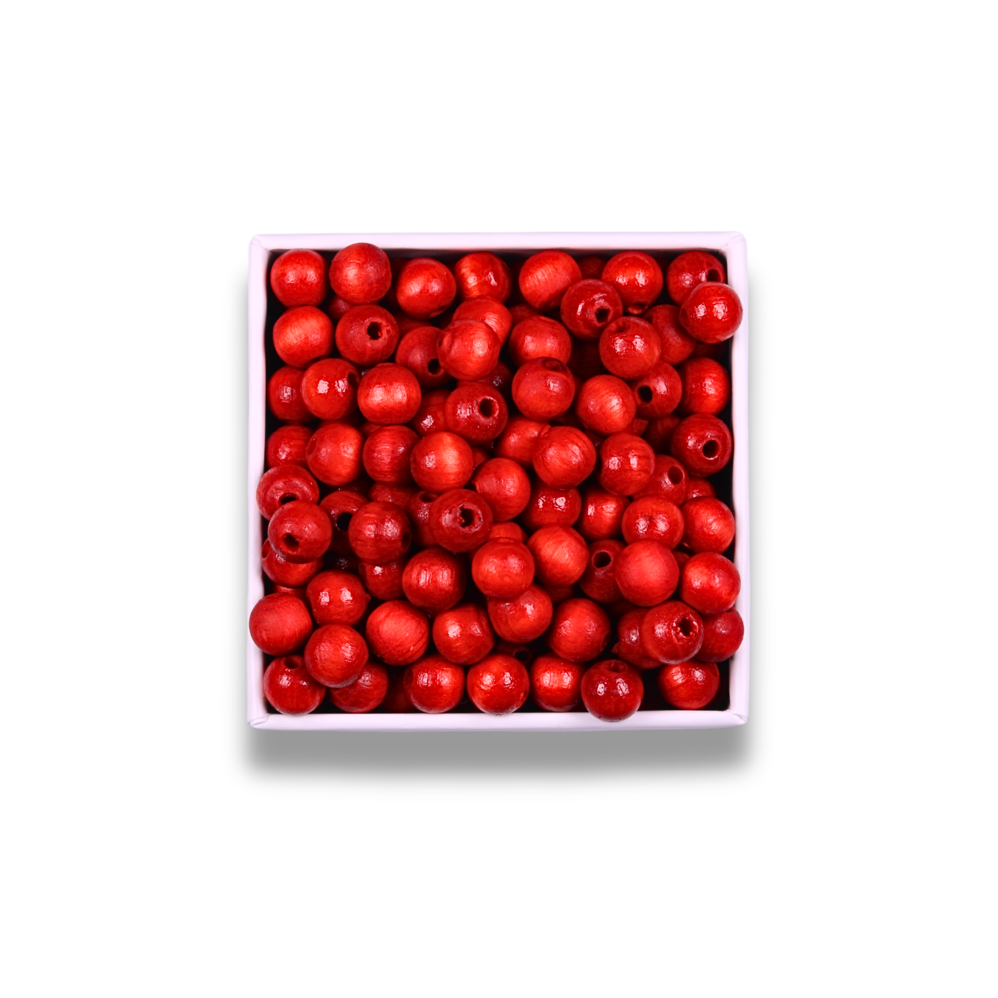 Box of red beads on a white background