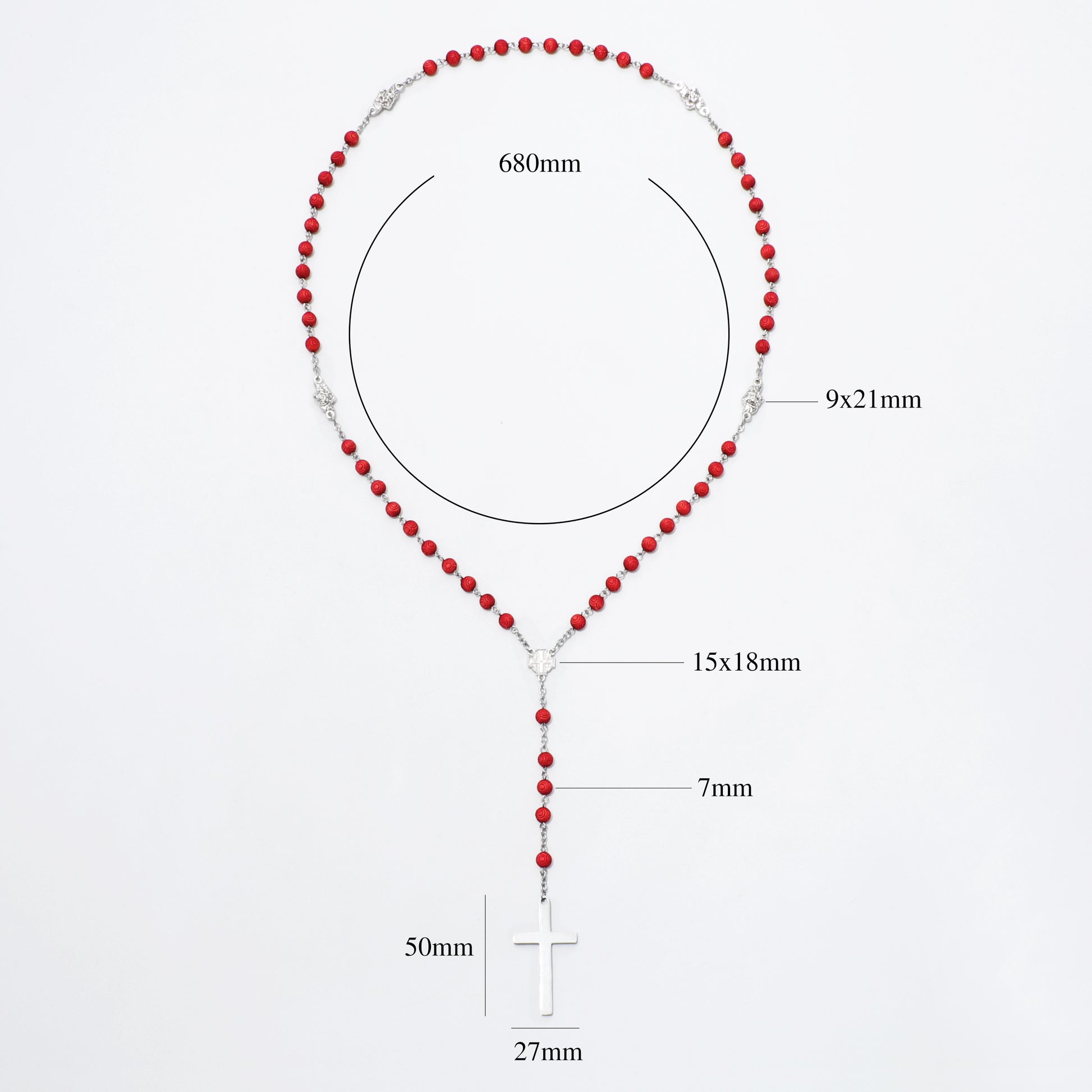Red and silver beaded rosary necklace with a white cross pendant, shown on a light gray background with overlaid dimension labels and measurement lines.