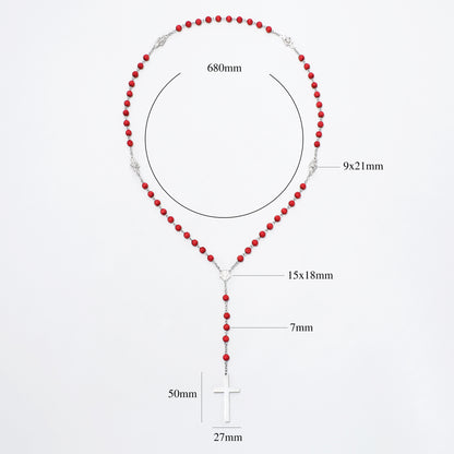 Red and silver beaded rosary necklace with a white cross pendant, shown on a light gray background with overlaid dimension labels and measurement lines.