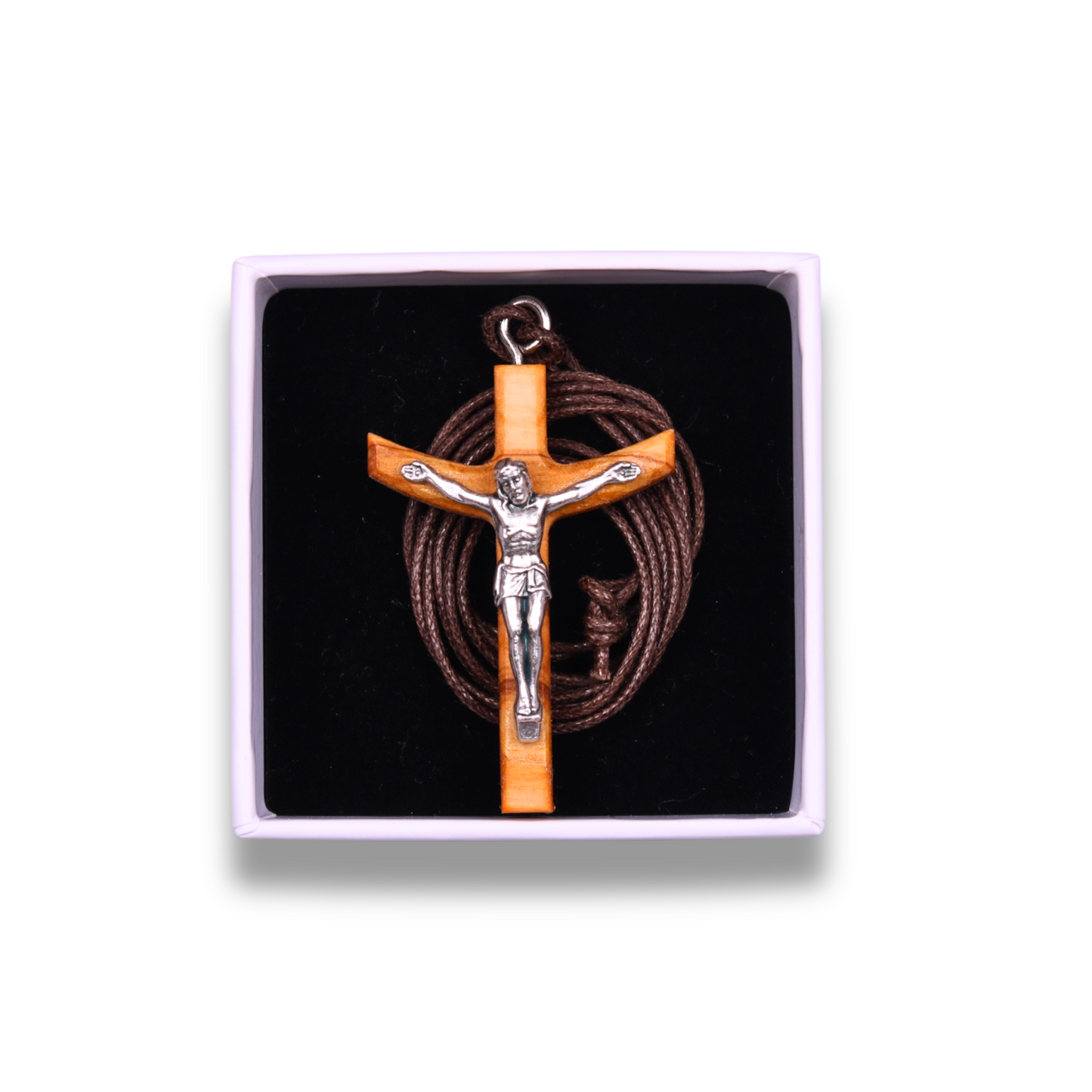 Rum Olive Wood Crucifix Necklace In Gift Box