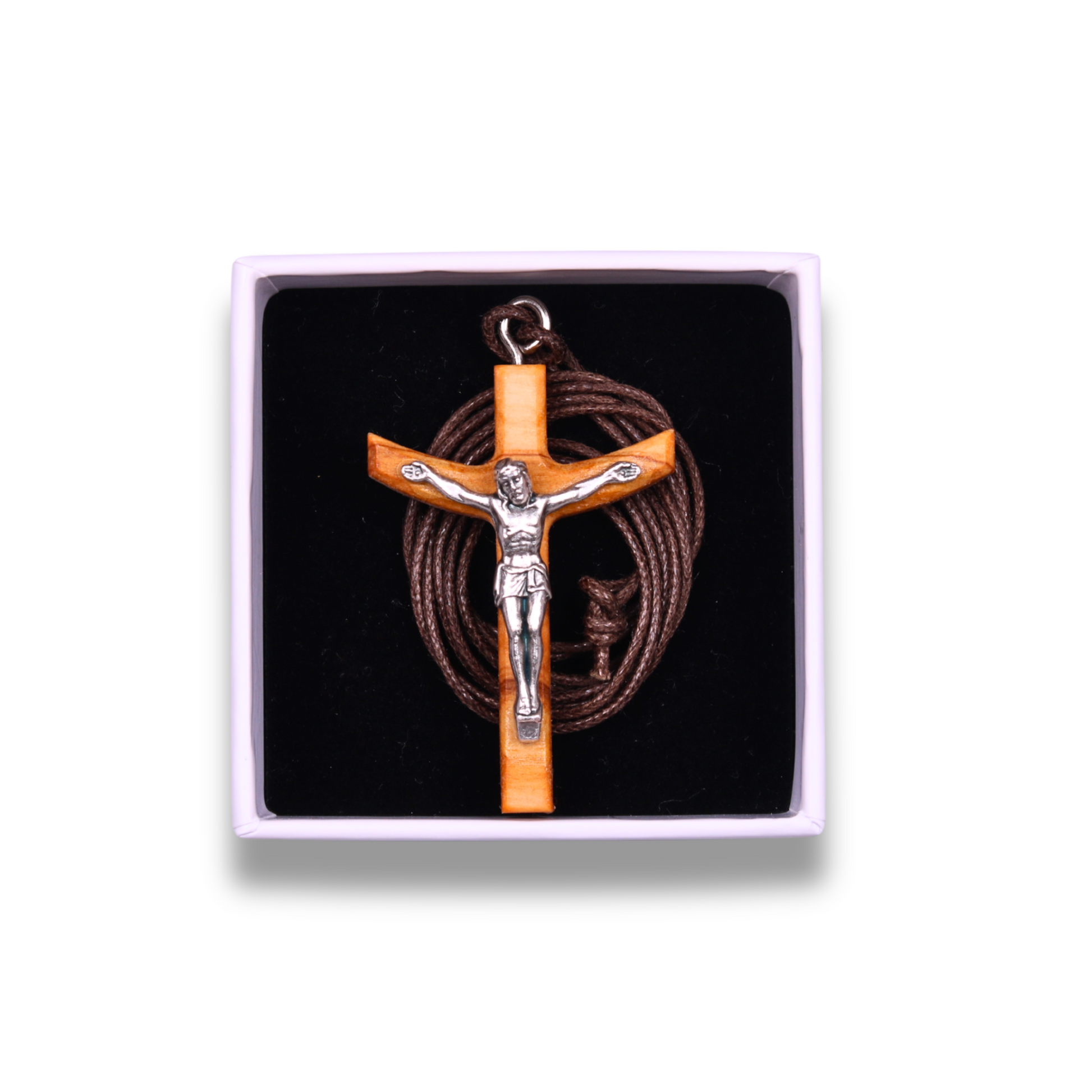 Rum Olive Wood Crucifix Necklace In Gift Box