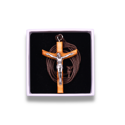 Rum Olive Wood Crucifix Necklace In Gift Box