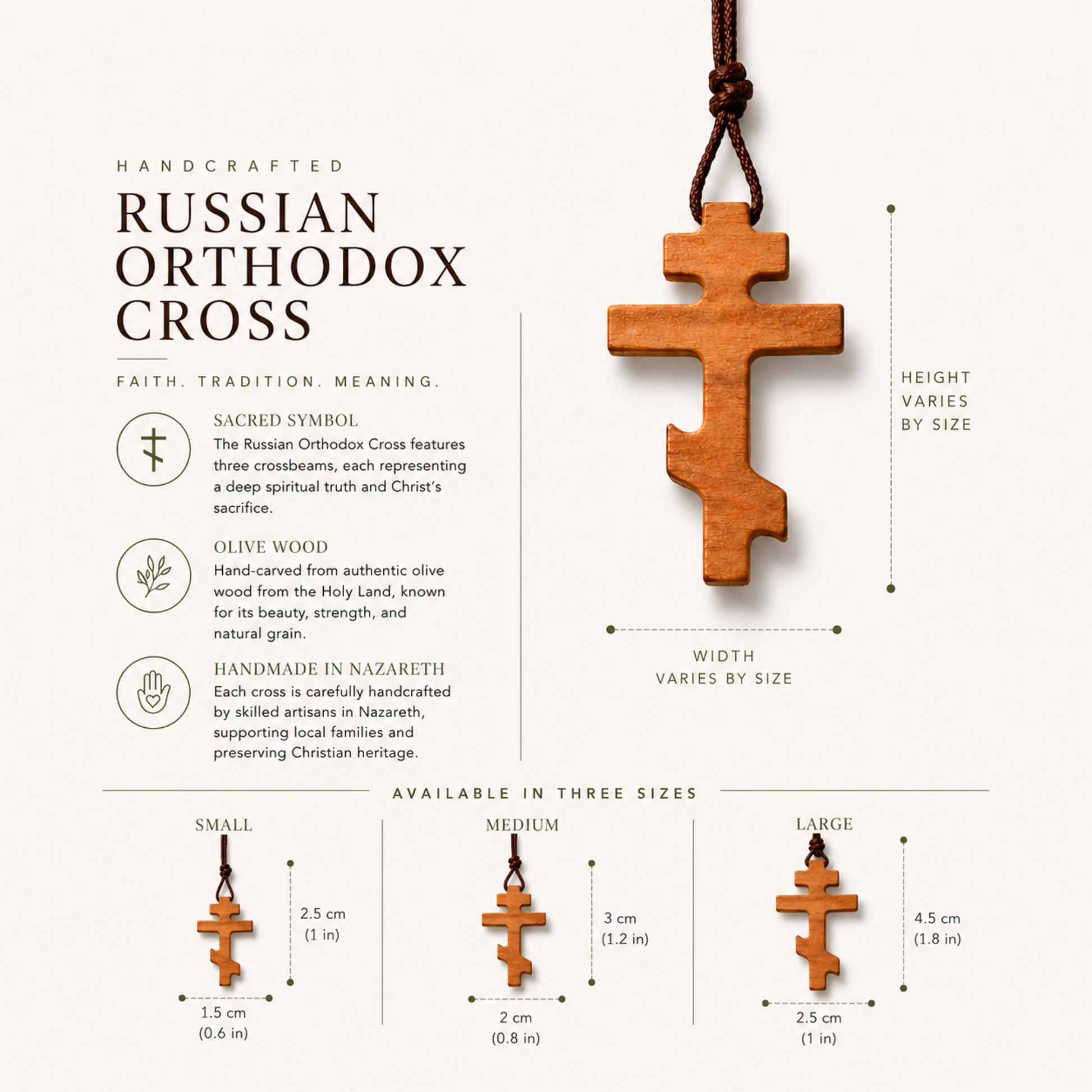 Olive wood cross necklace Orthodox Christian pendant handmade in Nazareth Holy Land with size dimensions and comparison