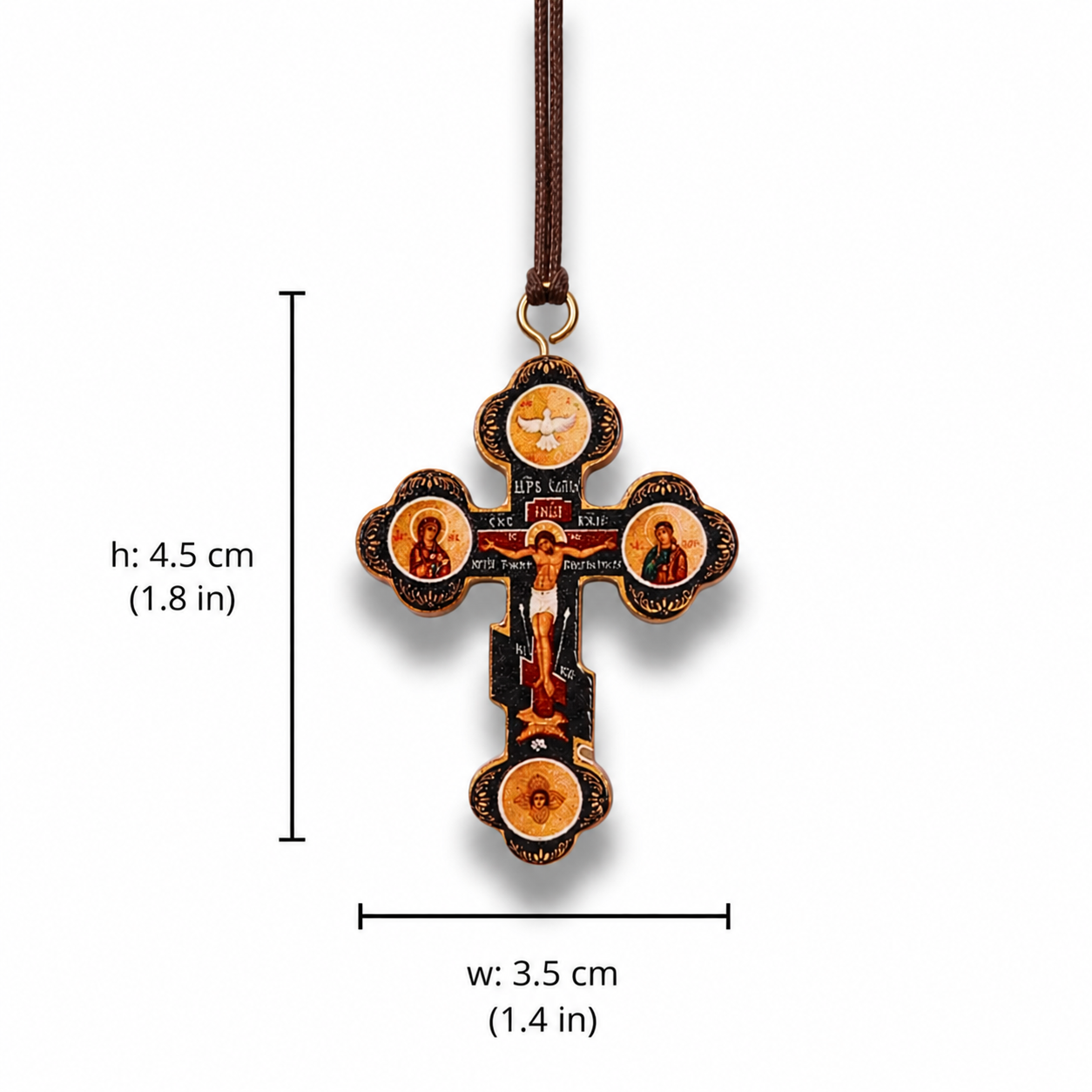 ]cross pendant with religious iconography and measurements on a white background