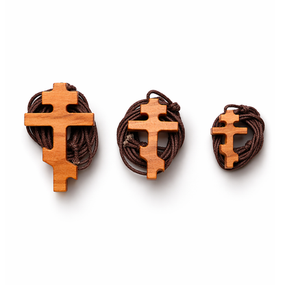 Three olive wood Russian Orthodox cross necklaces with brown cord on a white background
