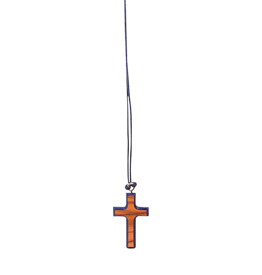 Wooden cross pendant with colored painted edges, suspended from a matching colored cord.