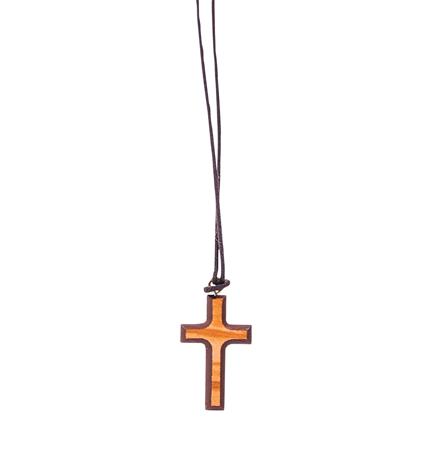 Wooden cross pendant with colored painted edges, suspended from a matching colored cord.