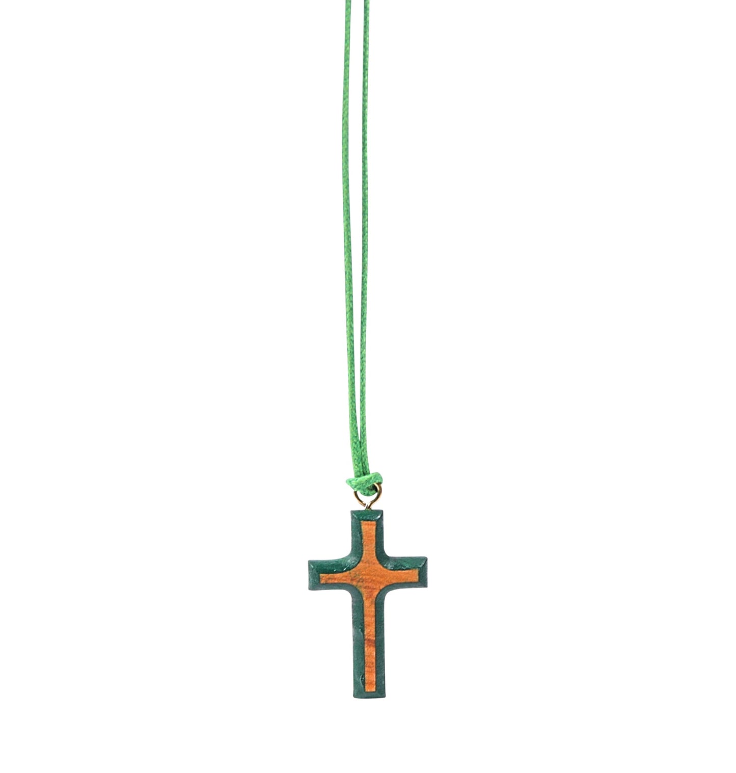 Wooden cross pendant with colored painted edges, suspended from a matching colored cord.