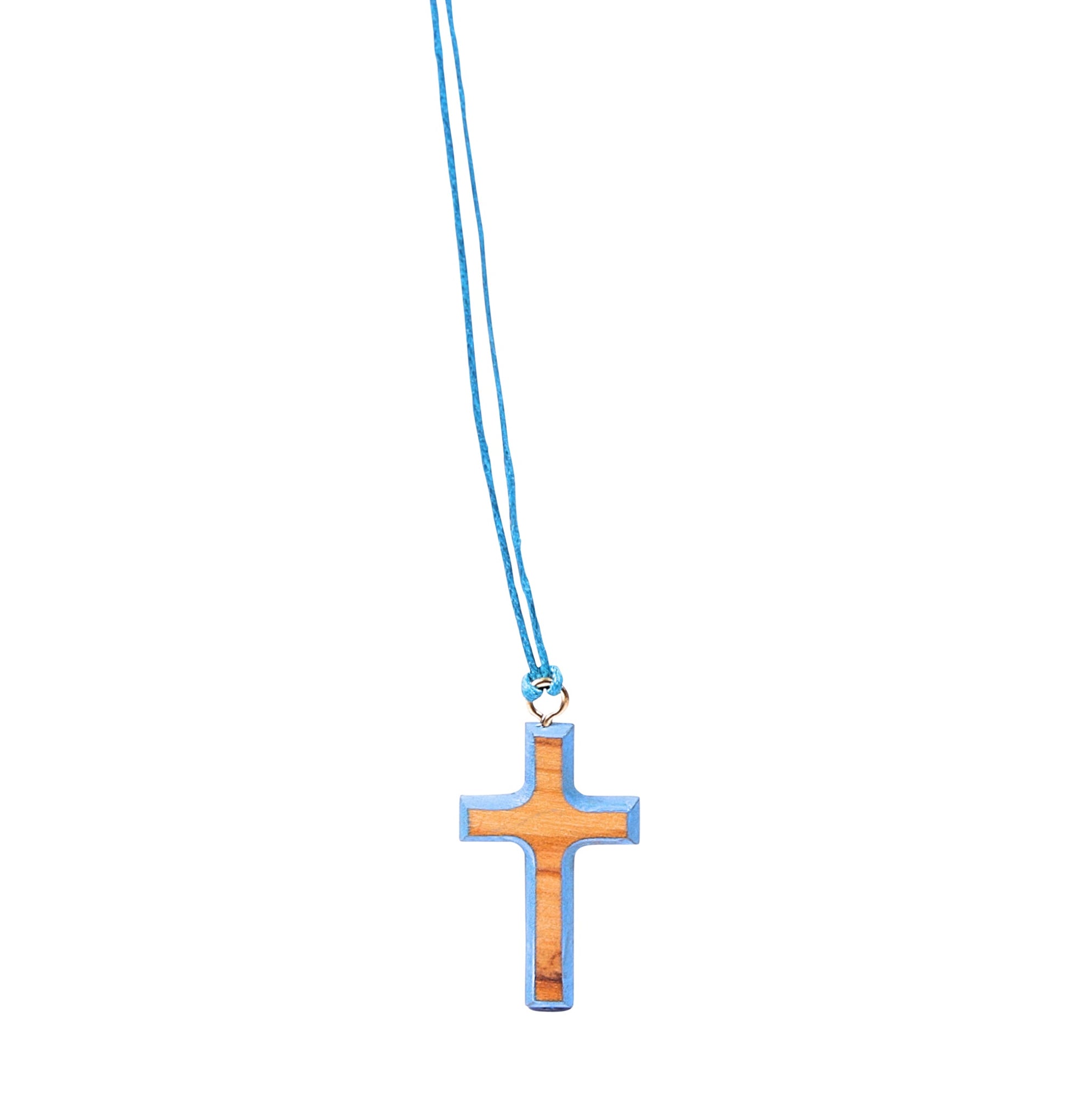 Wooden cross pendant with colored painted edges, suspended from a matching colored cord.