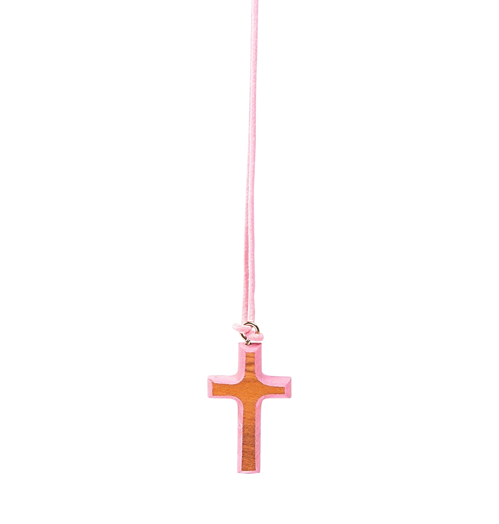 Wooden cross pendant with colored painted edges, suspended from a matching colored cord.