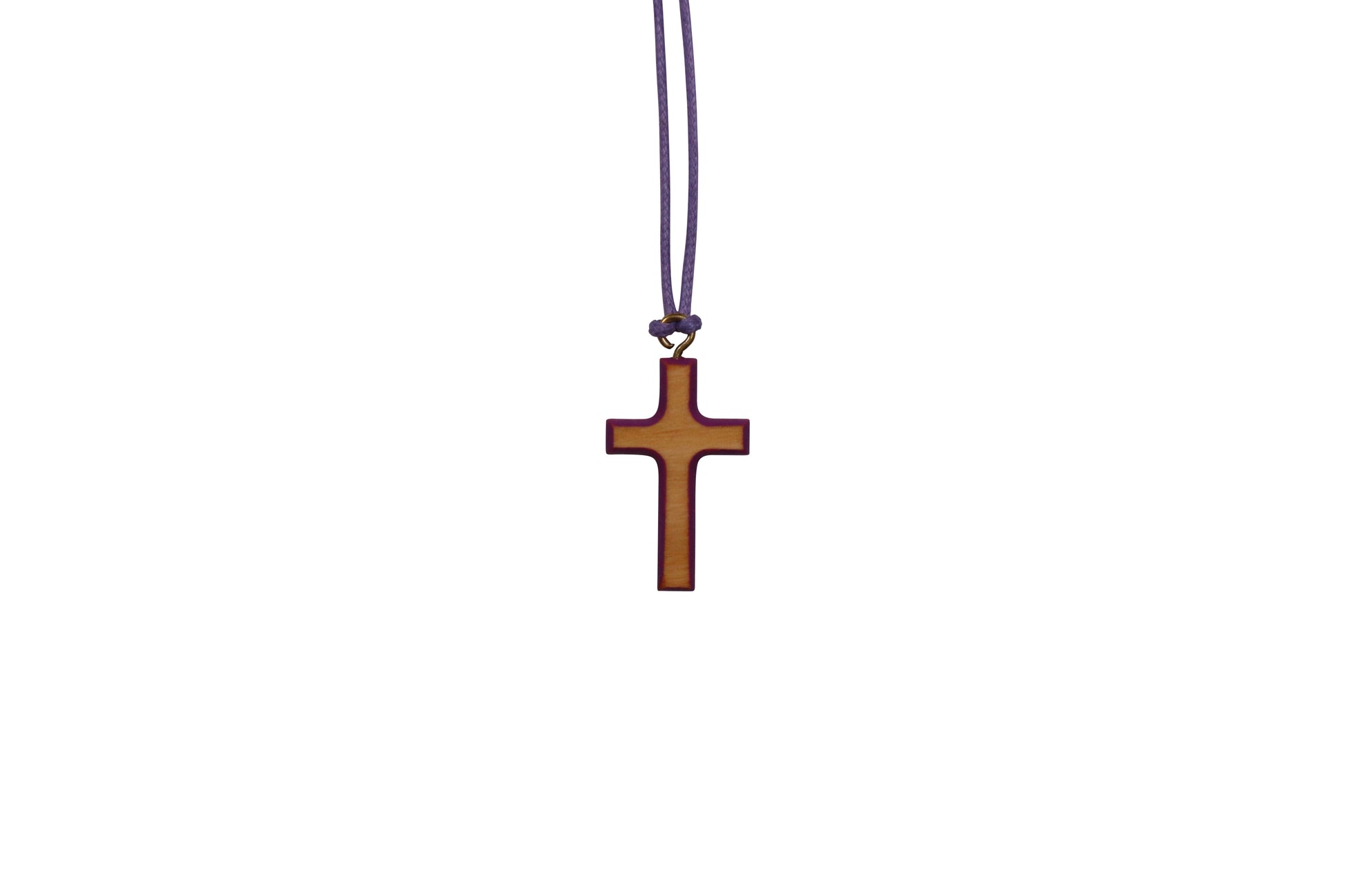 Wooden cross pendant with colored painted edges, suspended from a matching colored cord.