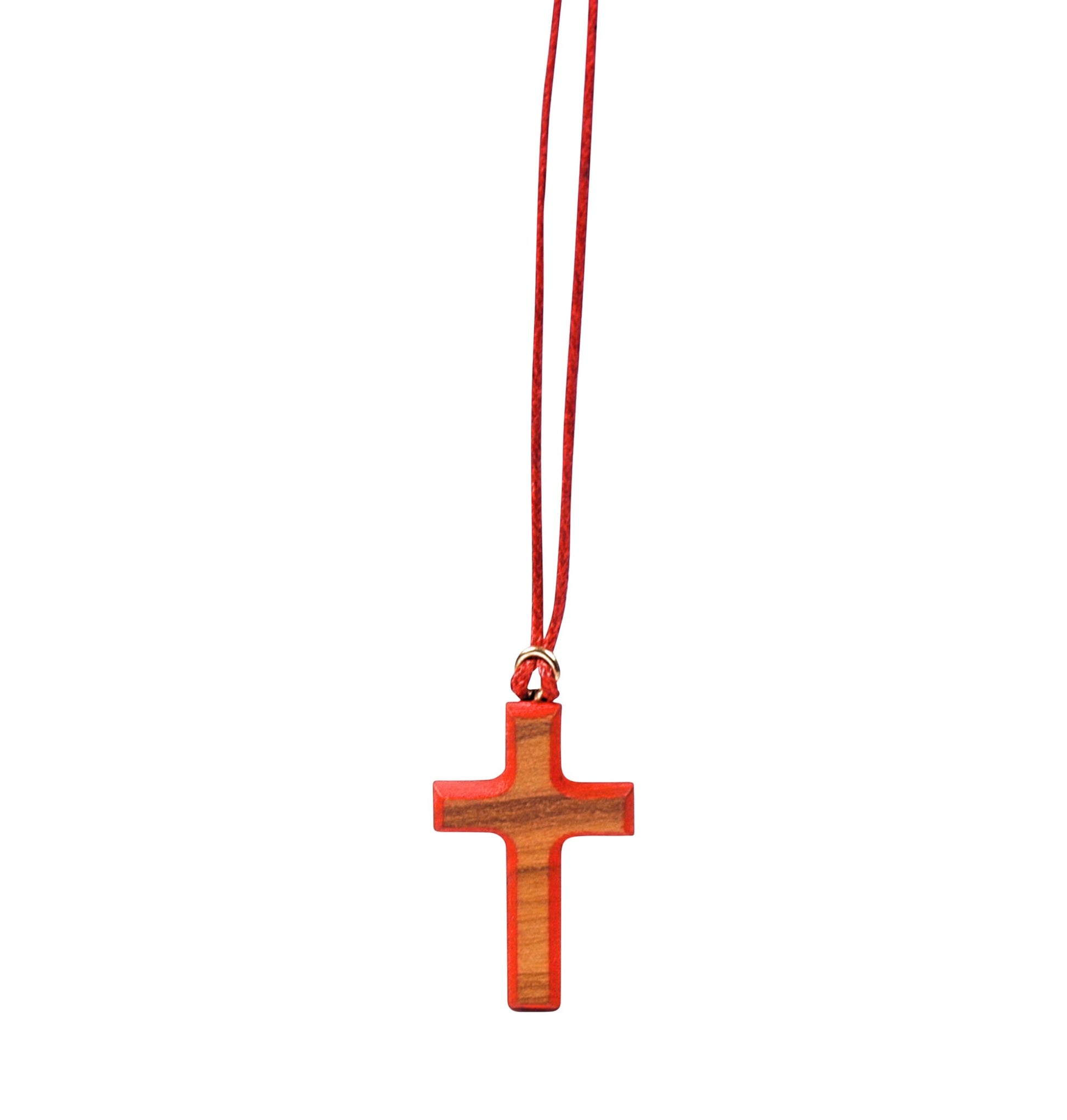 Wooden cross pendant with colored painted edges, suspended from a matching colored cord.