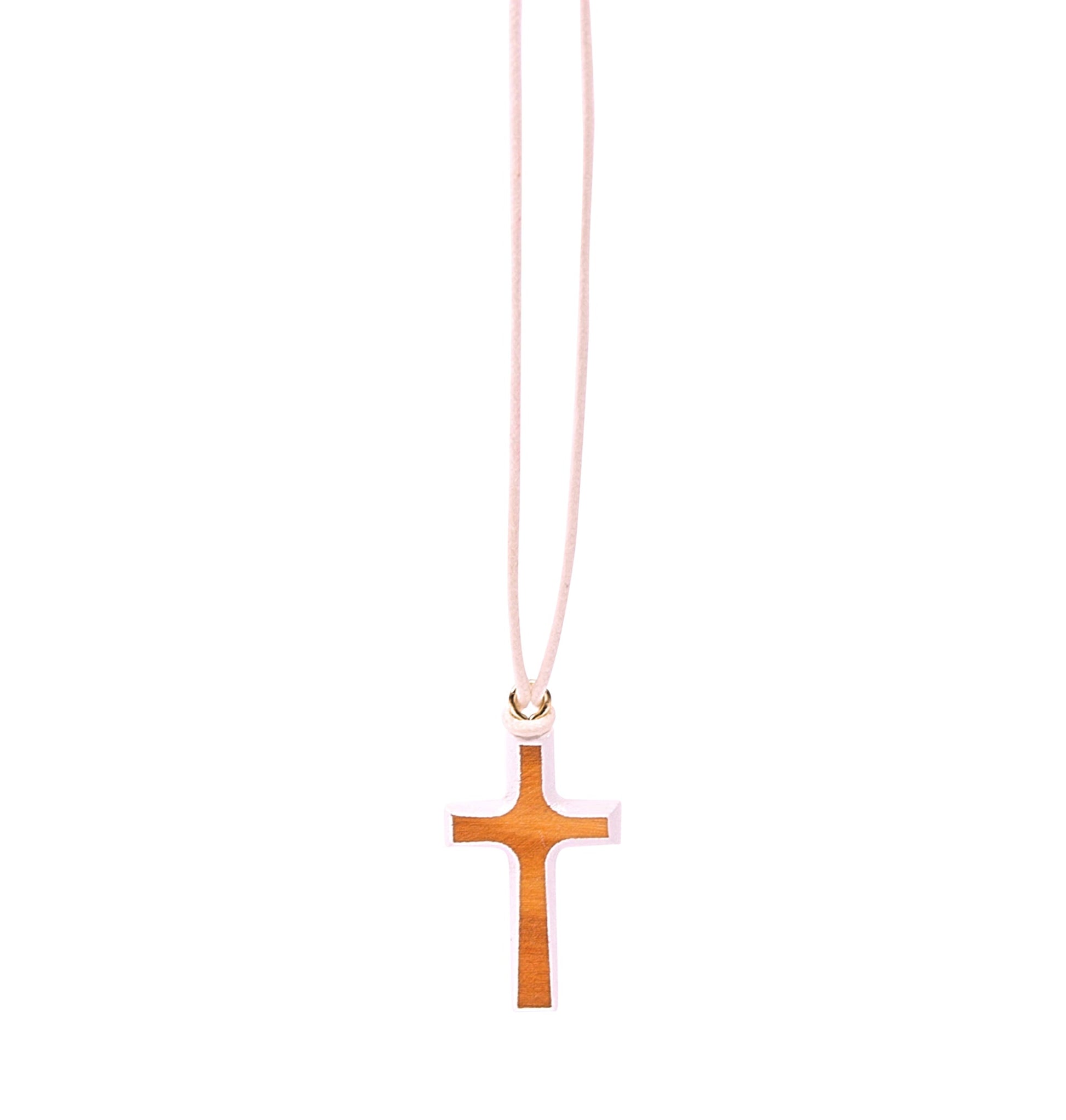 Wooden cross pendant with colored painted edges, suspended from a matching colored cord.