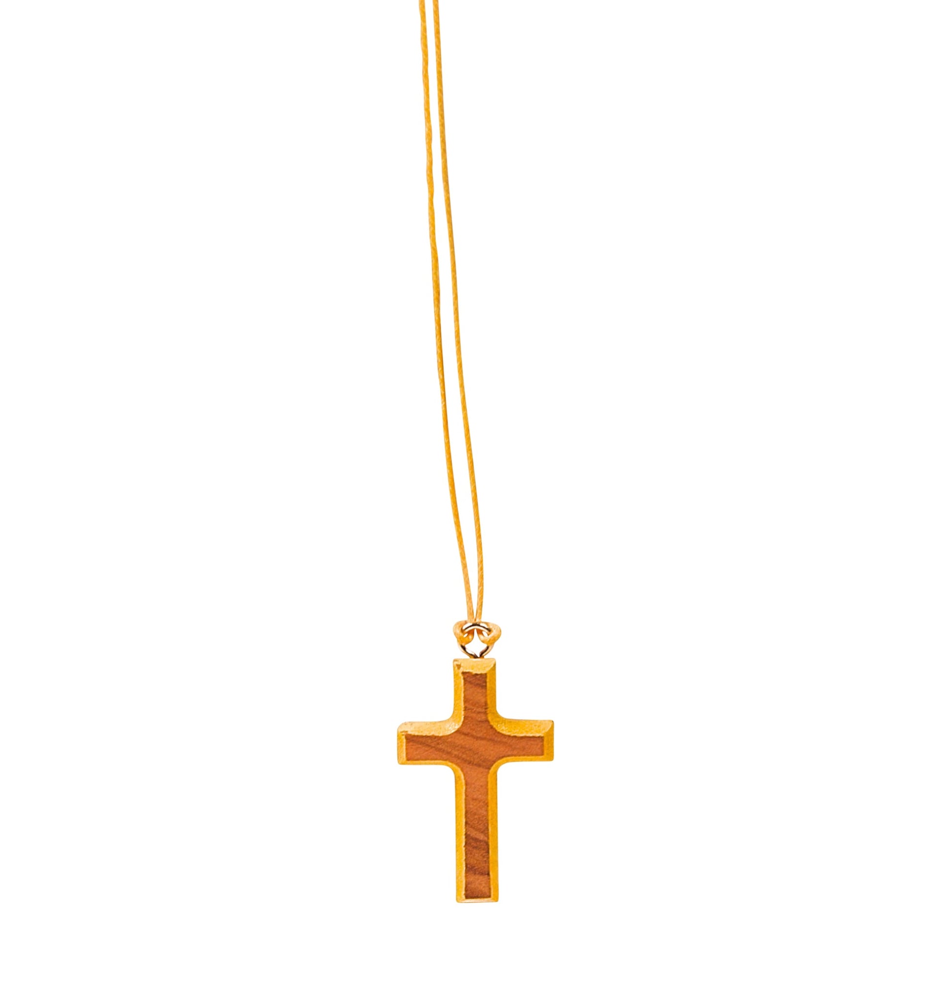 Wooden cross pendant with colored painted edges, suspended from a matching colored cord.