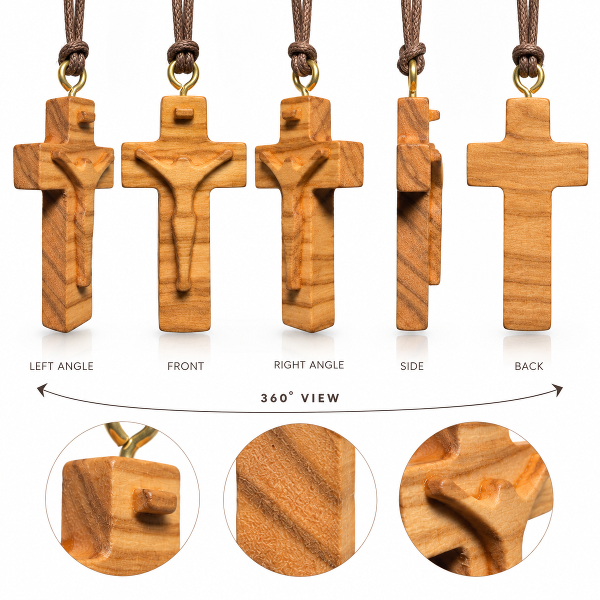 Five views of a carved wooden cross pendant necklace on a white background, showing left, front, right, side, and back angles plus circular close-up detail views. The crosses are made of light natural wood with a small gold-toned ring at the top and a brown cord.