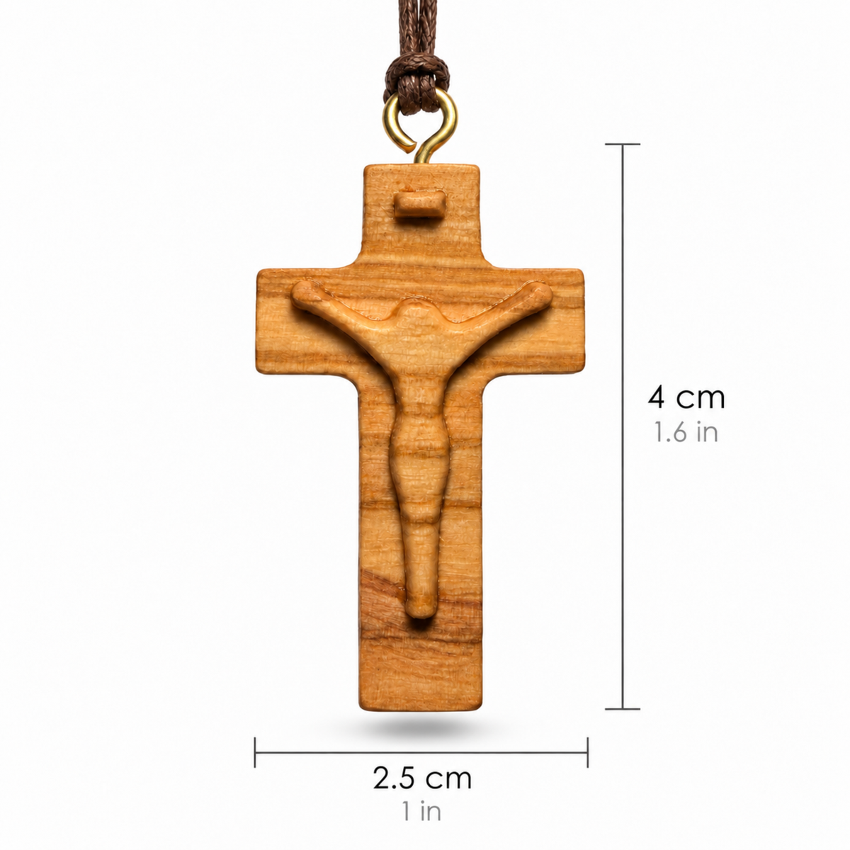A wooden crucifix pendant with a carved figure of Jesus on a light brown wood grain background, hanging from a dark brown cord with a gold-colored metal loop. Black dimension lines and text indicate a height of 4 cm (1.
