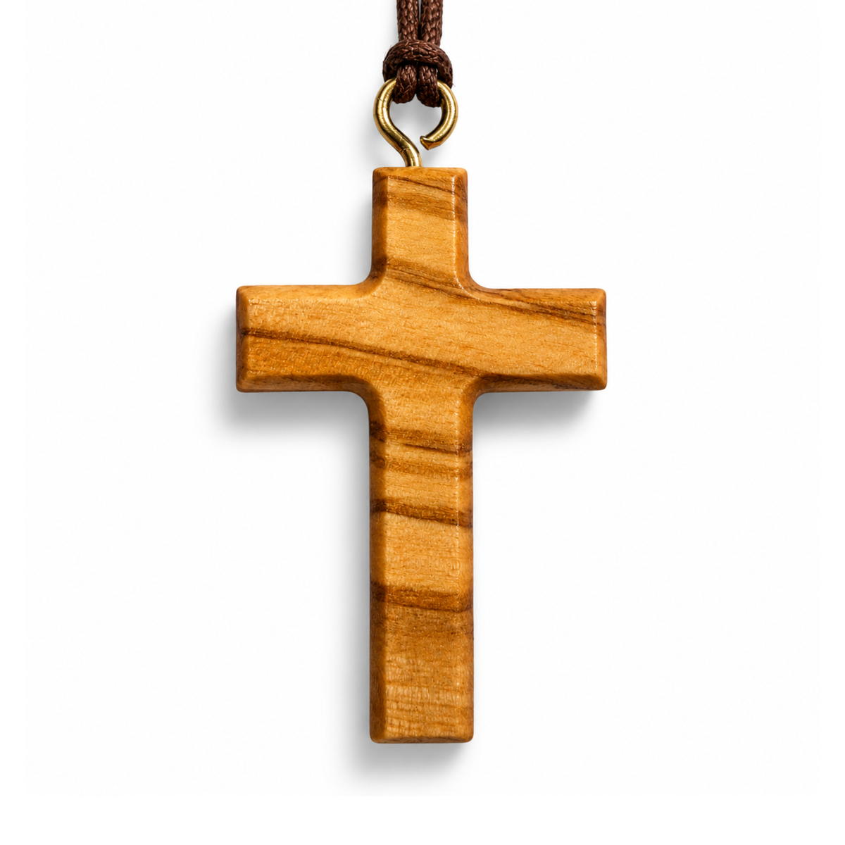 Handcrafted olive wood cross necklace with natural wood grain and brown cord