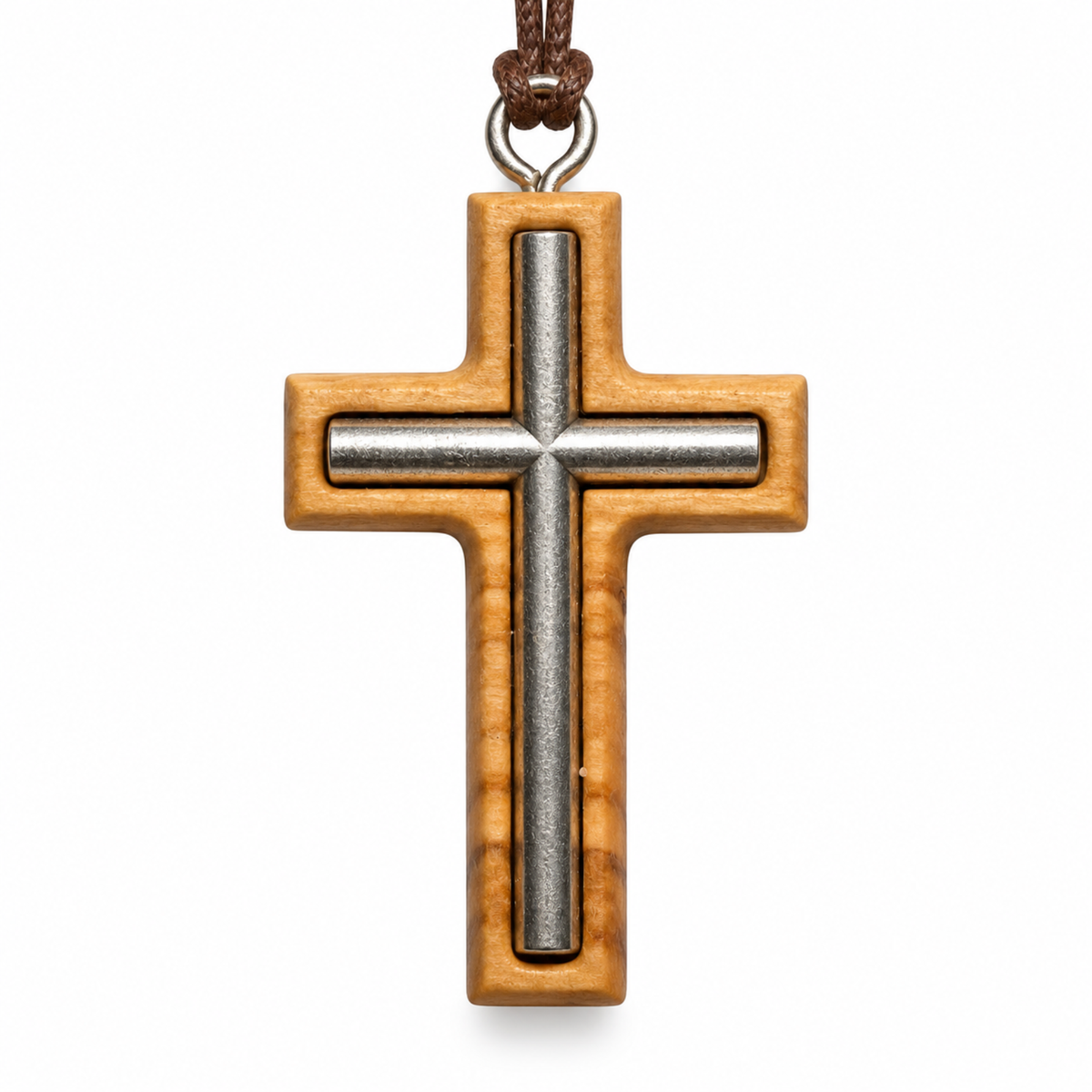 A wooden cross pendant necklace with a polished silver metal center and a brown cord, shown on a plain white background.