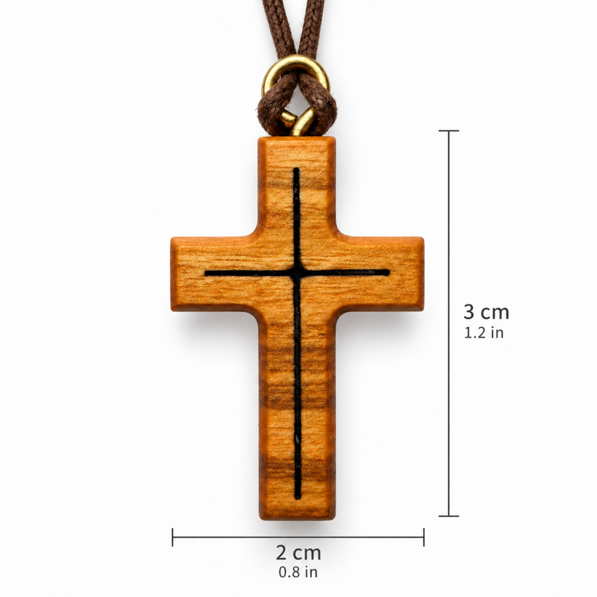 A wooden cross pendant necklace with a brown cord and gold metal ring, shown on a white background with dimension lines indicating 3 cm height and 2 cm width.