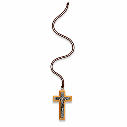 Olive Wood Crucifix Necklace shown full length