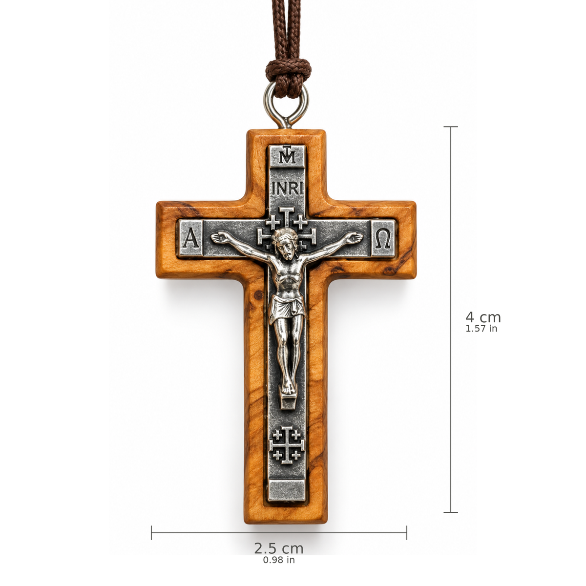 Olive Wood Crucifix Necklace with dimensions