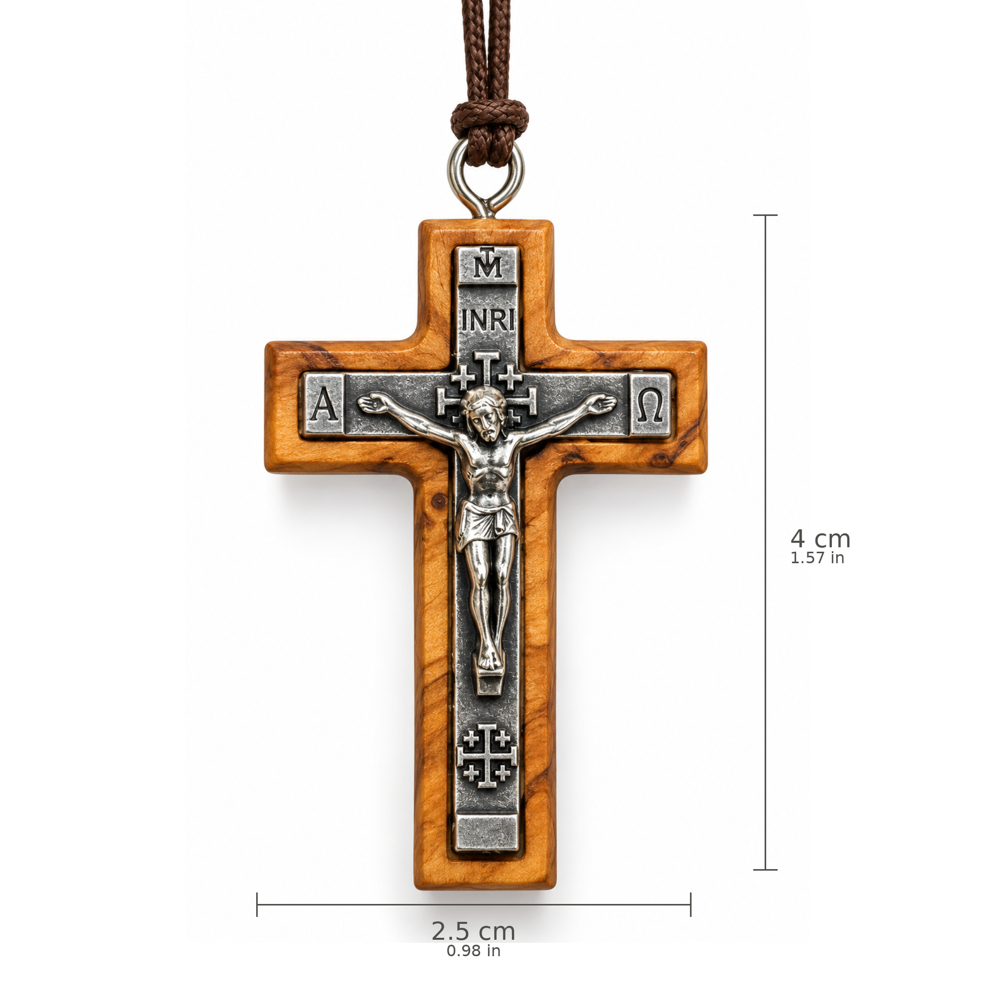 Olive Wood Crucifix Necklace with dimensions