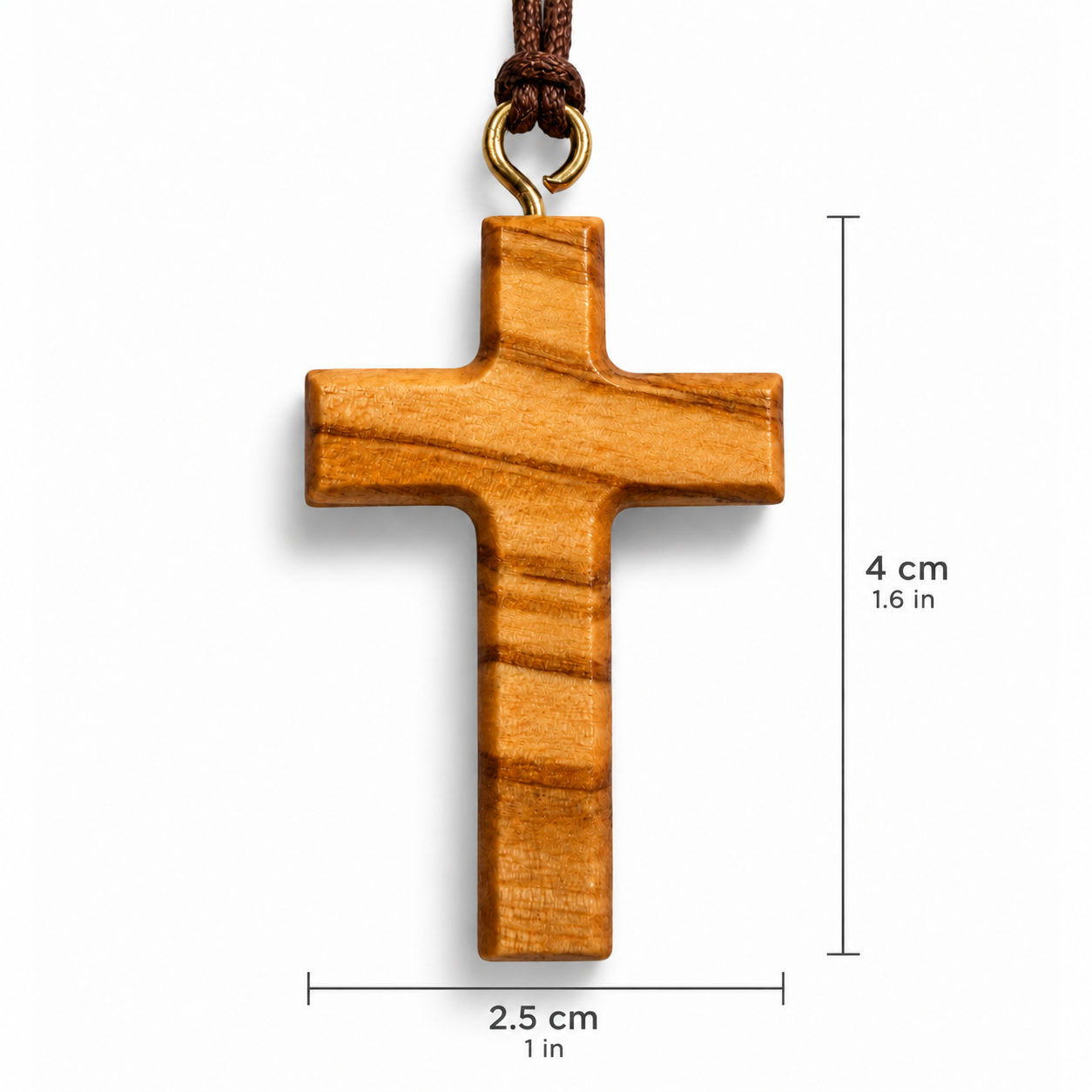 A wooden cross pendant with a natural warm brown finish and a dark brown cord loop with a gold-tone ring, shown on a white background with dimension lines indicating 4 cm height and 2.5 cm width.