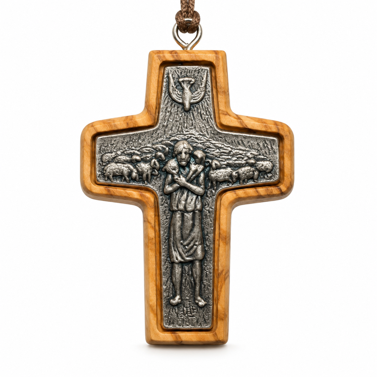 Large Good Shepherd olive wood cross necklace, 5 × 3.5 cm, front view