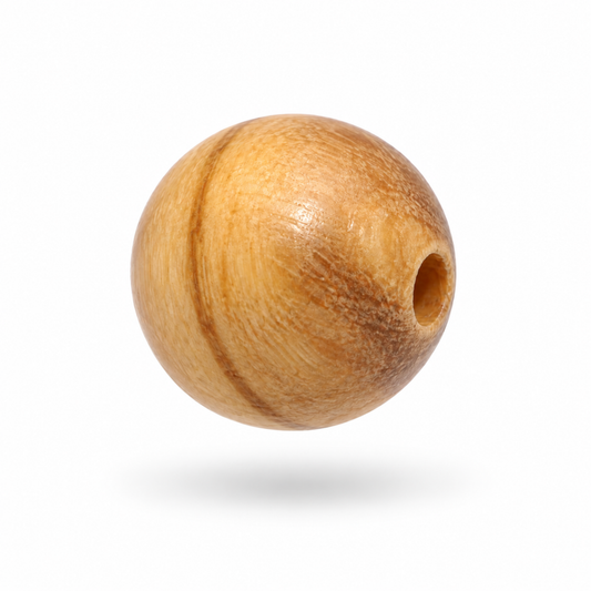 A single round wooden bead with a natural light brown wood grain texture and a pre-drilled hole, shown floating against a solid white background with a soft shadow underneath.