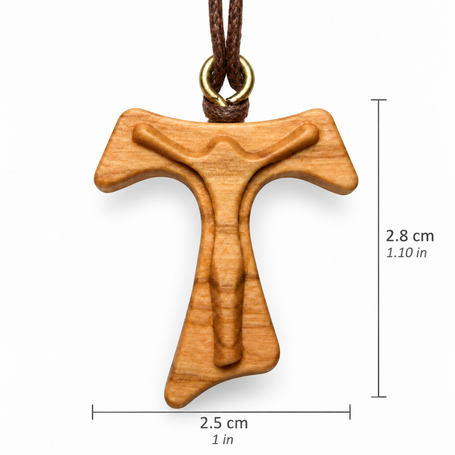 A wooden cross pendant with a carved recessed design, hanging from a brown cord with a gold ring, shown on a white background with dimension lines indicating 2.5 cm width and 2.8 Height